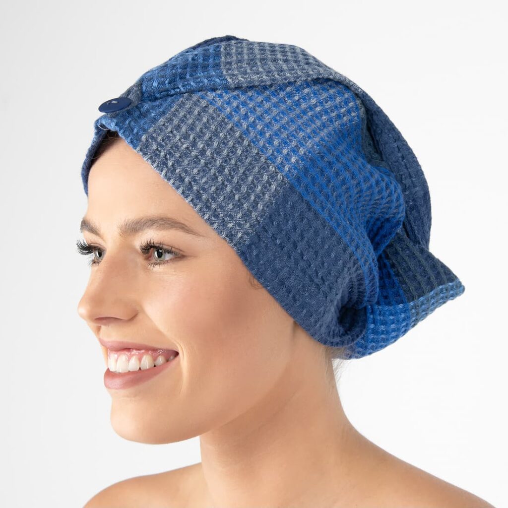 BINGO Turban blau kariert 1 blue linen hair wrap towel bingo.