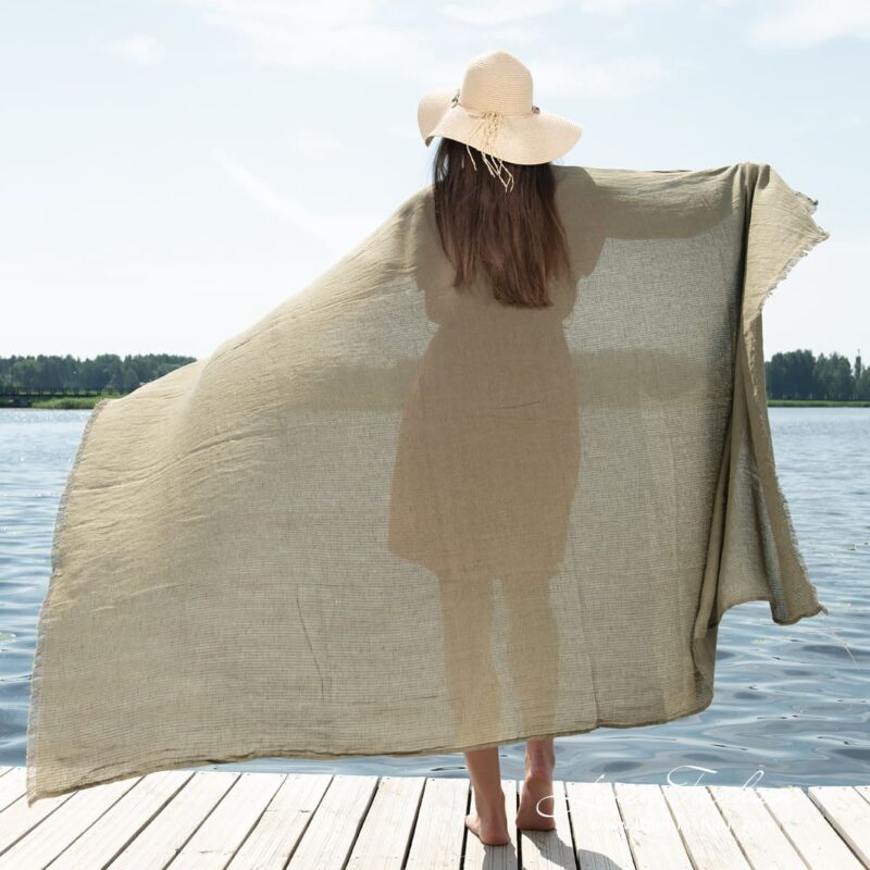 Linen cotton beach towel in green color