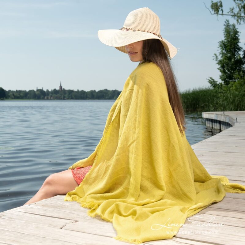 Linen cotton yellow beach towel, specially washed to increase softness