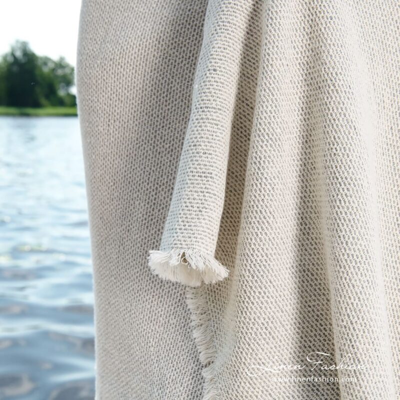 Linen cotton beach towel woven in off-white and bluish grey yarns