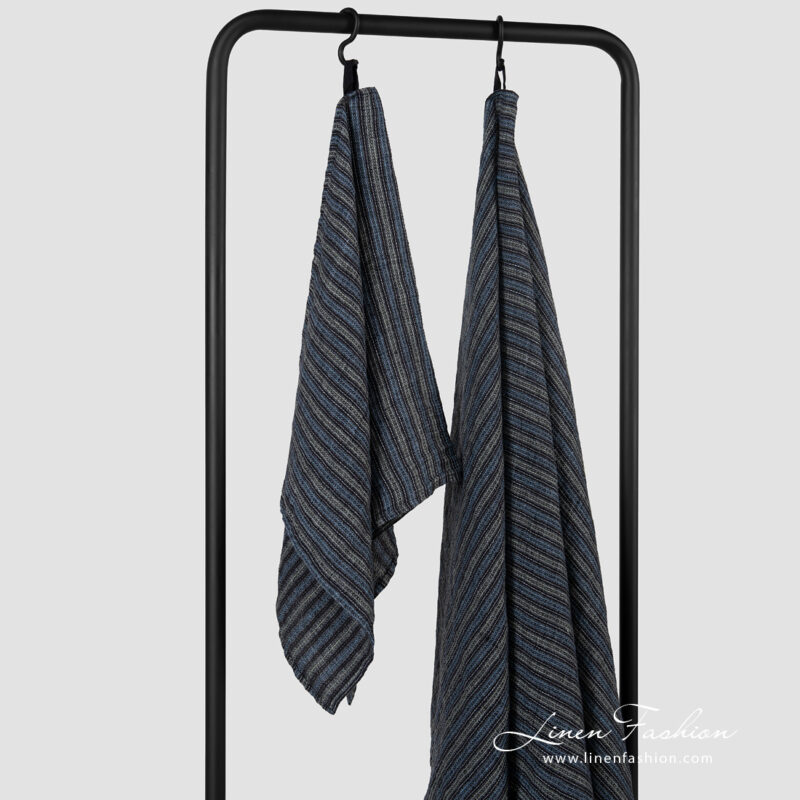 Linen black blue striped bath towel, different sizes.