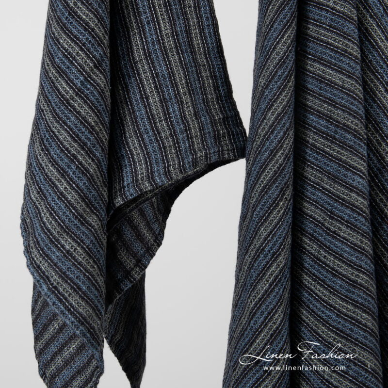 Linen black blue striped bath towel, washed.
