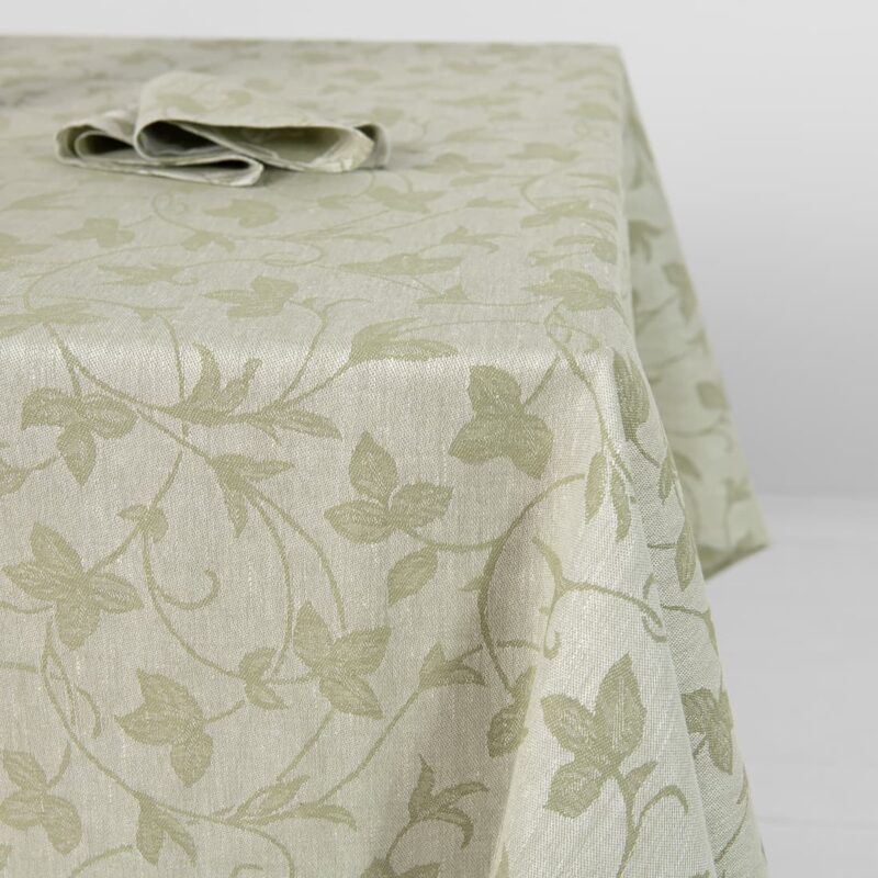 Linen cotton green floral vine pattern tablecloth, detail