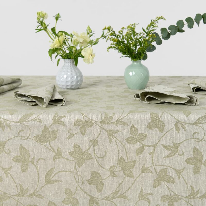 Linen cotton green floral vine pattern tablecloth, with napkins