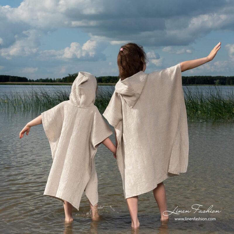Linen blend kids poncho with hood