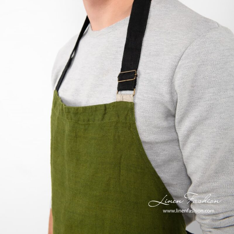 100% linen apron in green color.