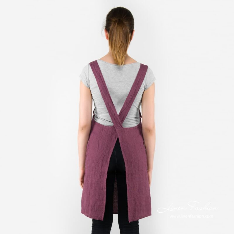 Dark red colored linen apron, meida.