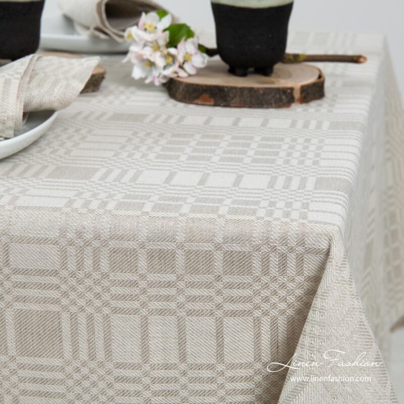 Light grey classically patterned linen / cotton tablecloth