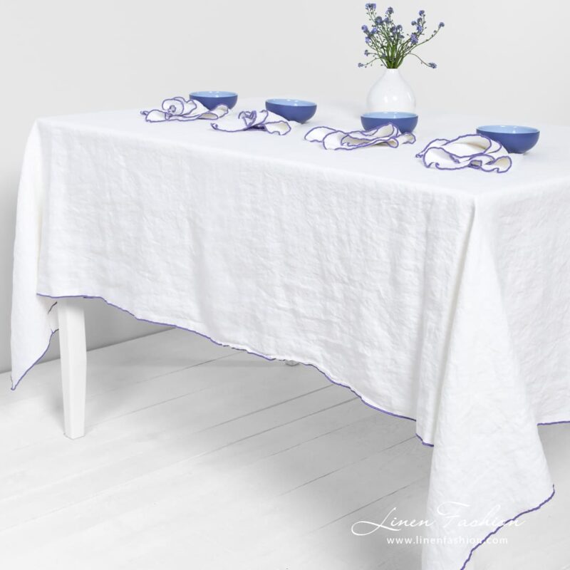 ARVO white linen tablecloth with violet border