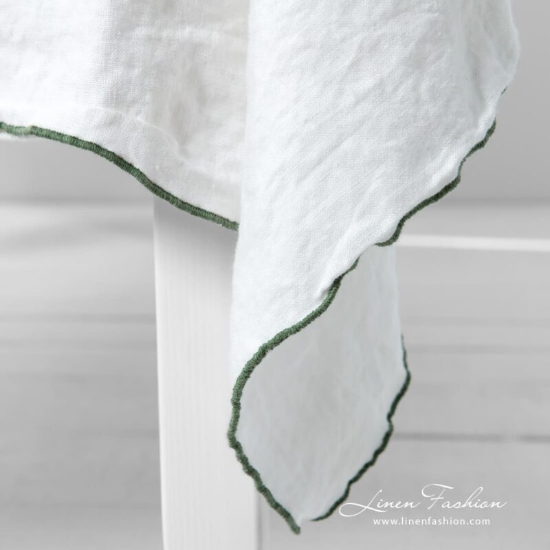 ARVO white linen tablecloth with Babylock stitch in green