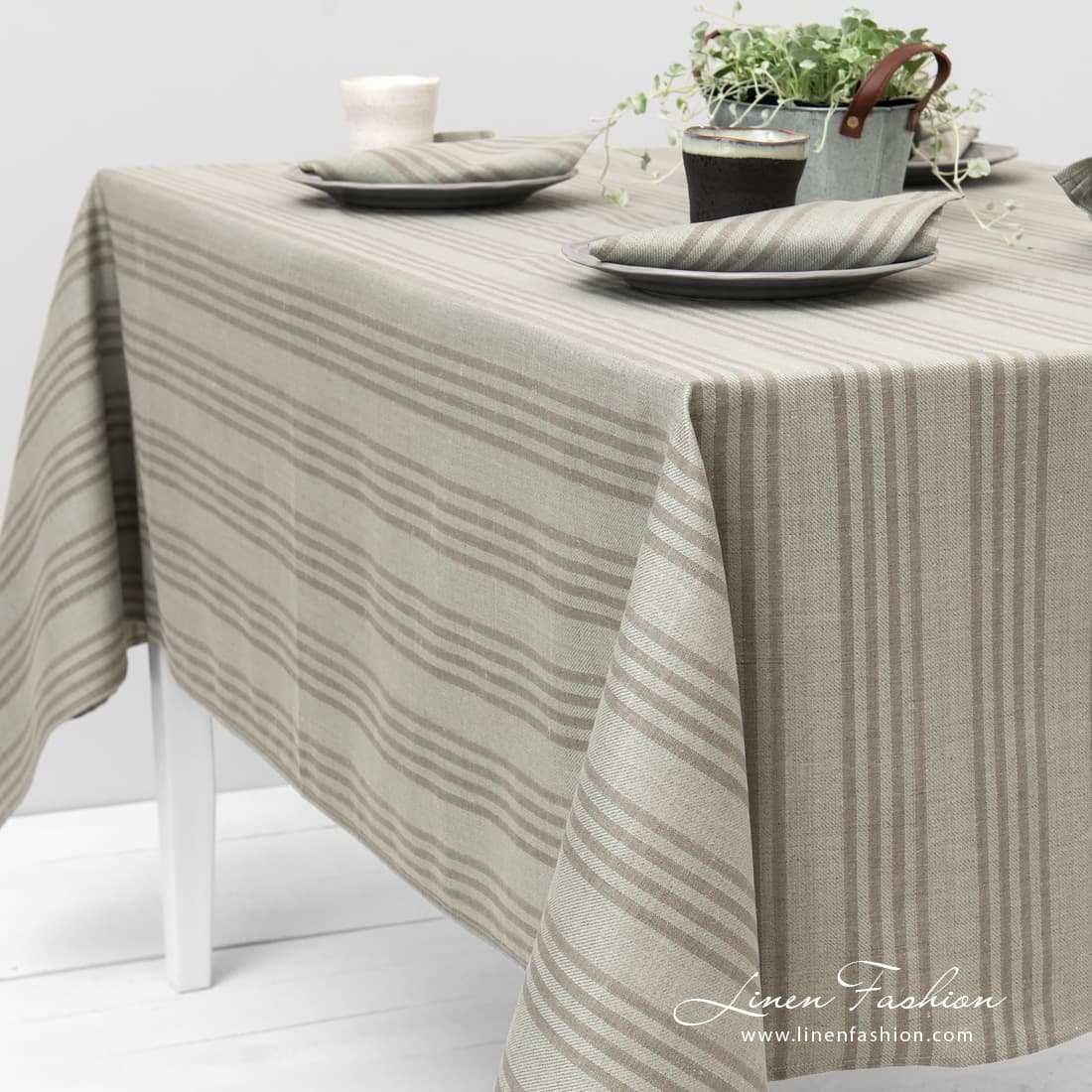 Greenish striped tablecloth
