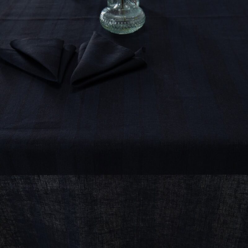 Striped linen tablecloth black-blue colour, dobby and plain weave stripes