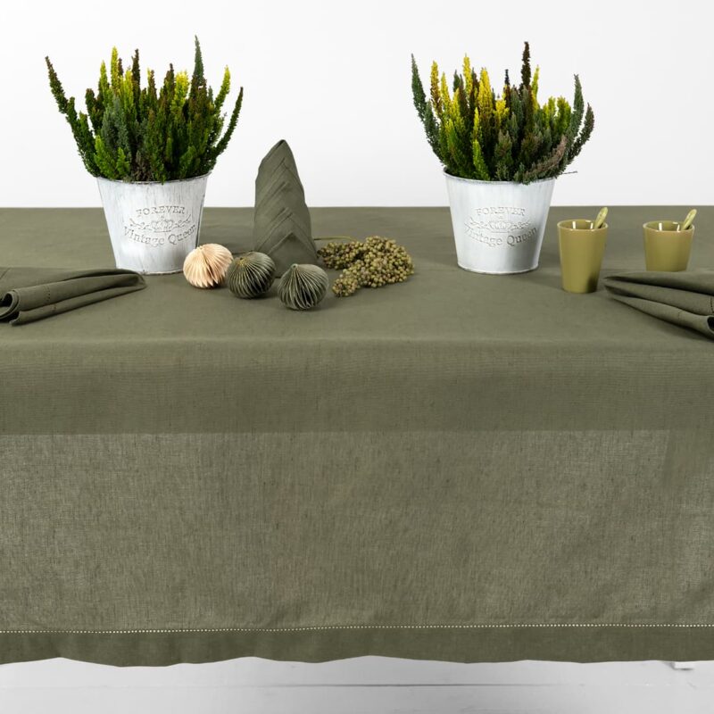 olive linen tablecloth in many sizes.