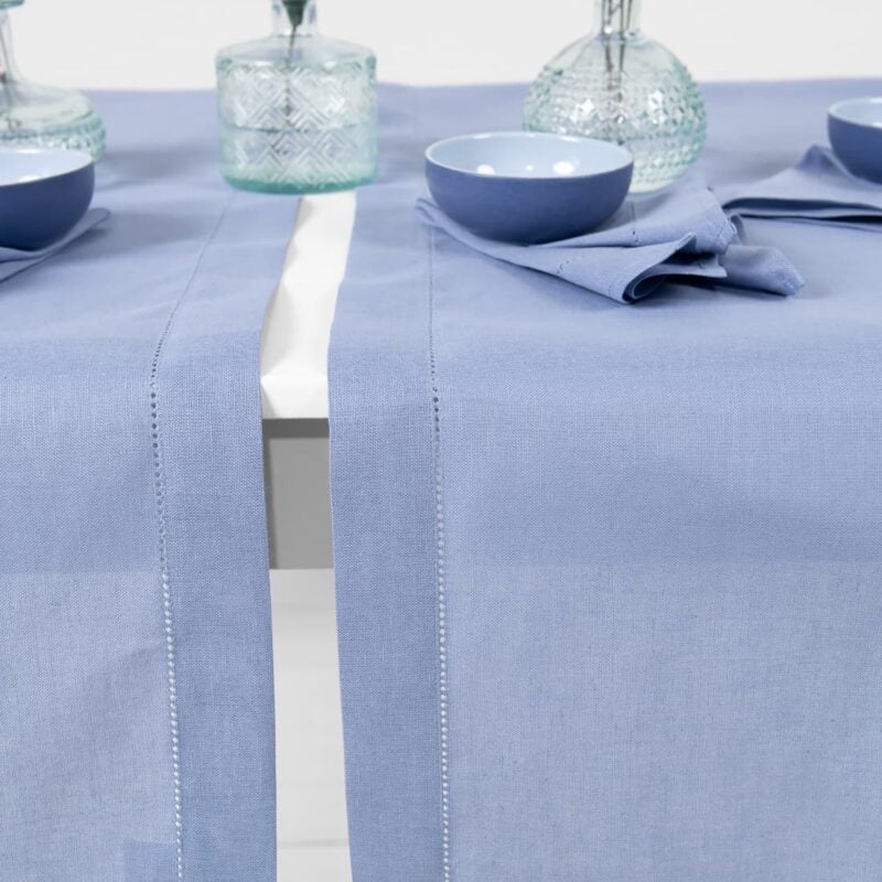 linen cotton light blue runner, border + hemstitch