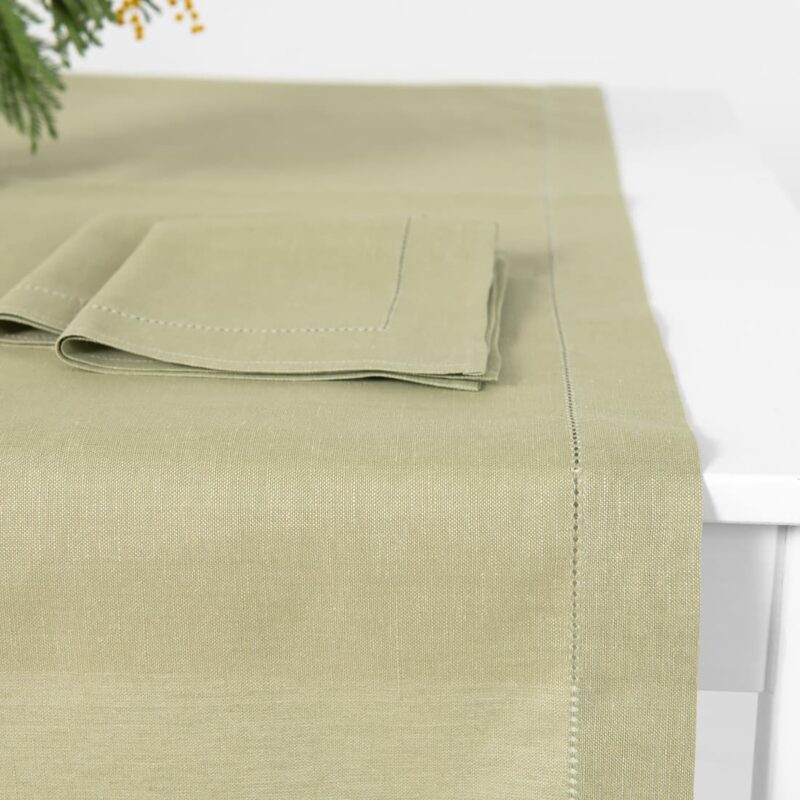 Light green linen cotton table runner with matching napkins