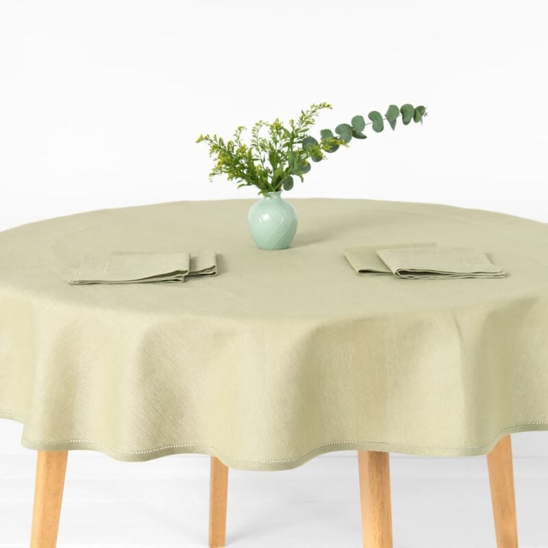 Linen cotton round oval light green tablecloth with matching napkins