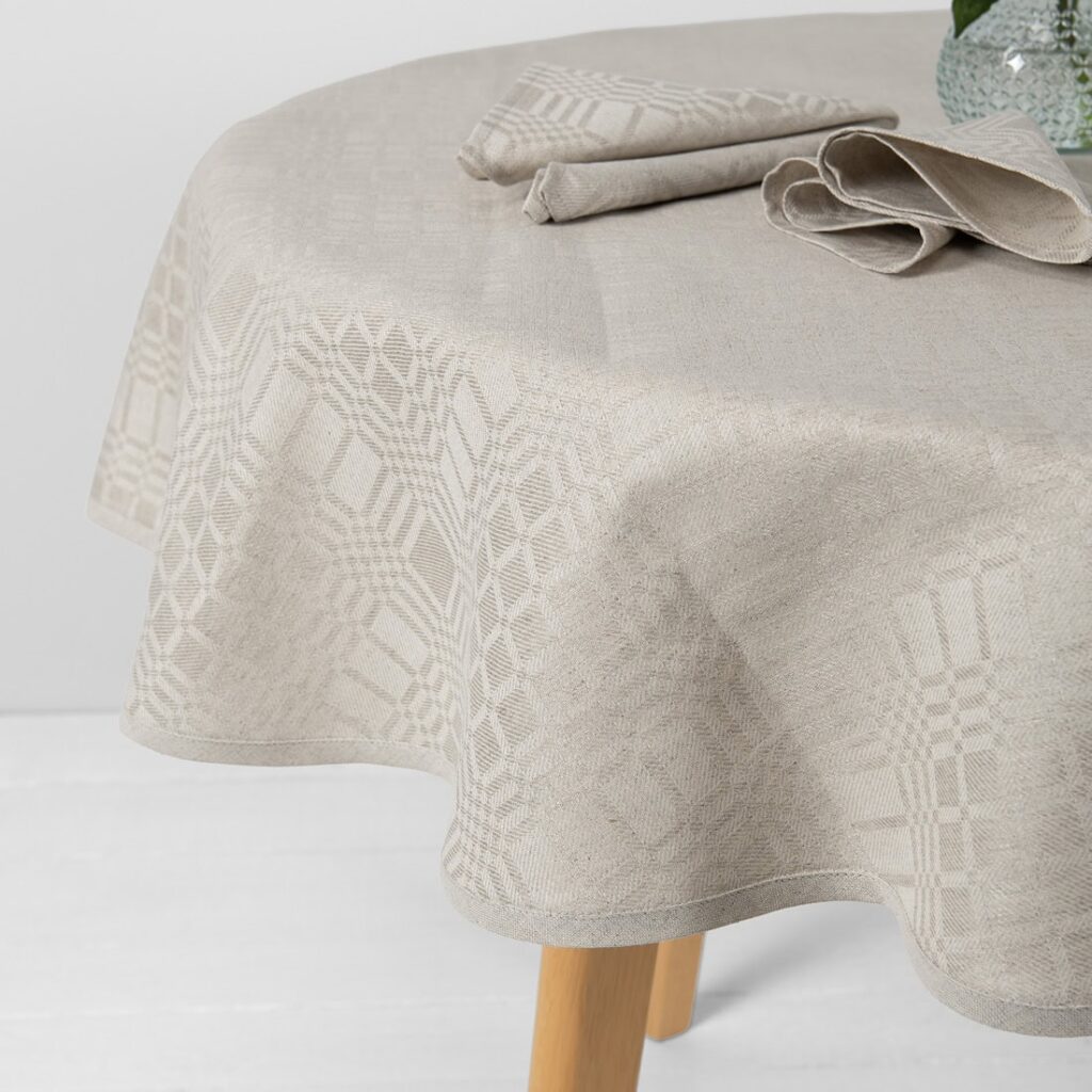 CAMPO Tischdecke runde (ovale) graue 3 Linen cotton round oval beige tablecloth, with piping hem