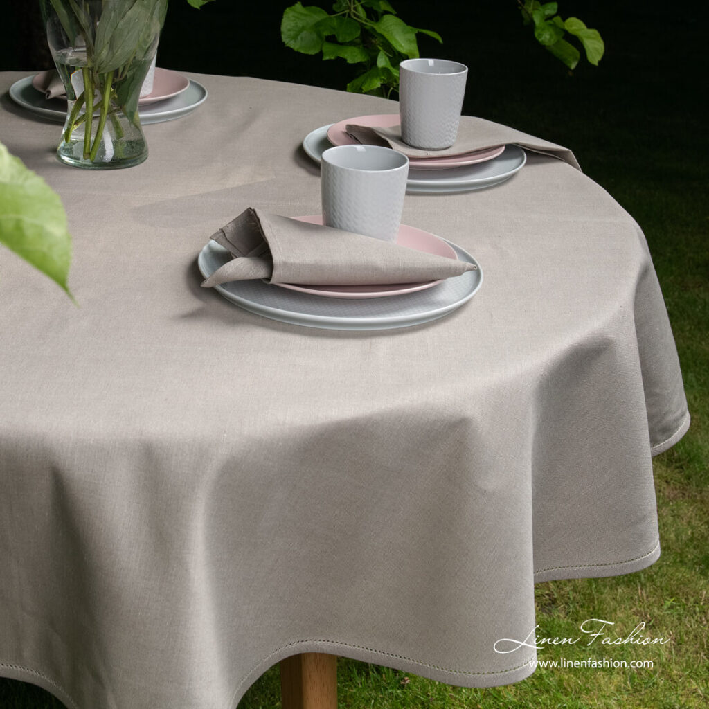 LUNA Tischdecke runde (ovale) graue 2 Linen cotton dark grey round (oval) tablecloth with hemstitch and matching napkins
