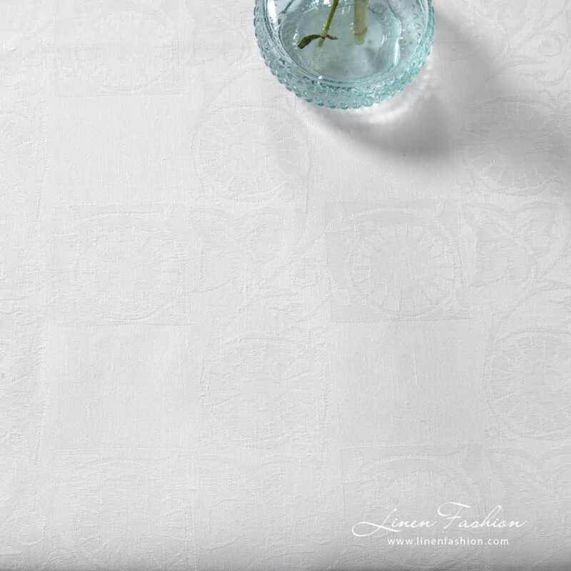 BOTANIC white linen cotton tablecloth in checks and flower motif