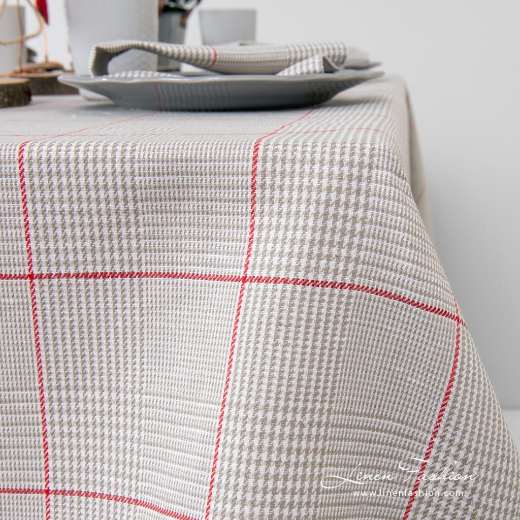NATA Tischdecke beige 4 Large red squares on grey checked tablecloth