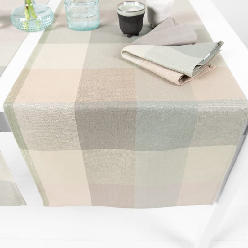 linen cotton runner beige green checks, simple hem