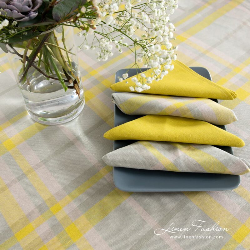 LOZANA round (oval) greyish yellow linen tablecloth with matching napkins
