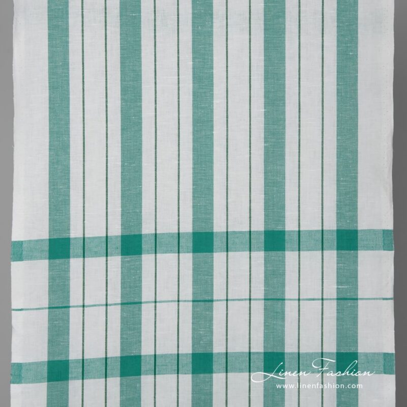 White linen cotton fabric with green stripes