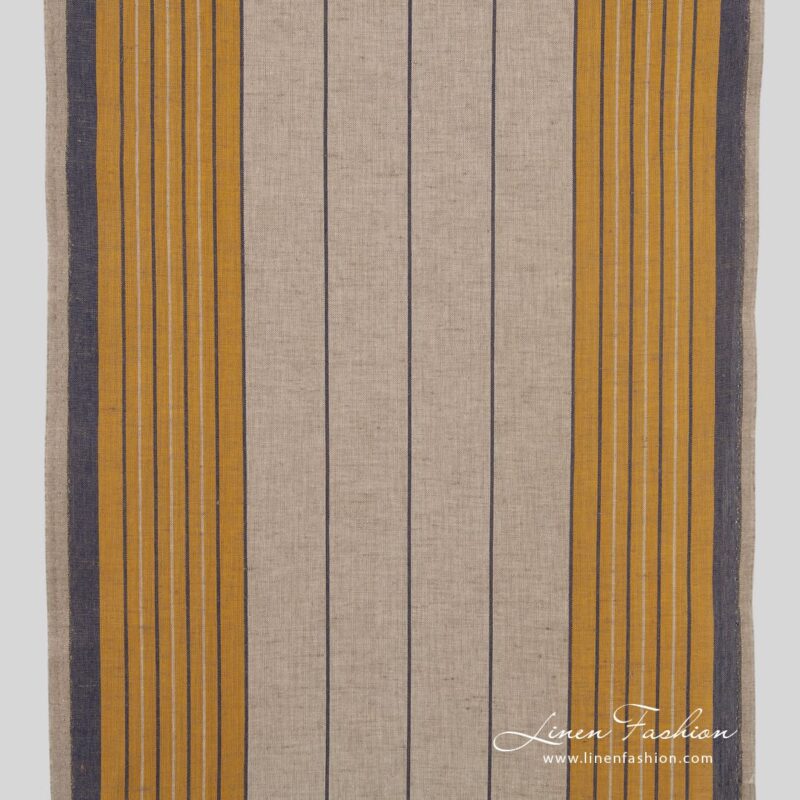 Grey linen cotton fabric with yellow and blue stripes