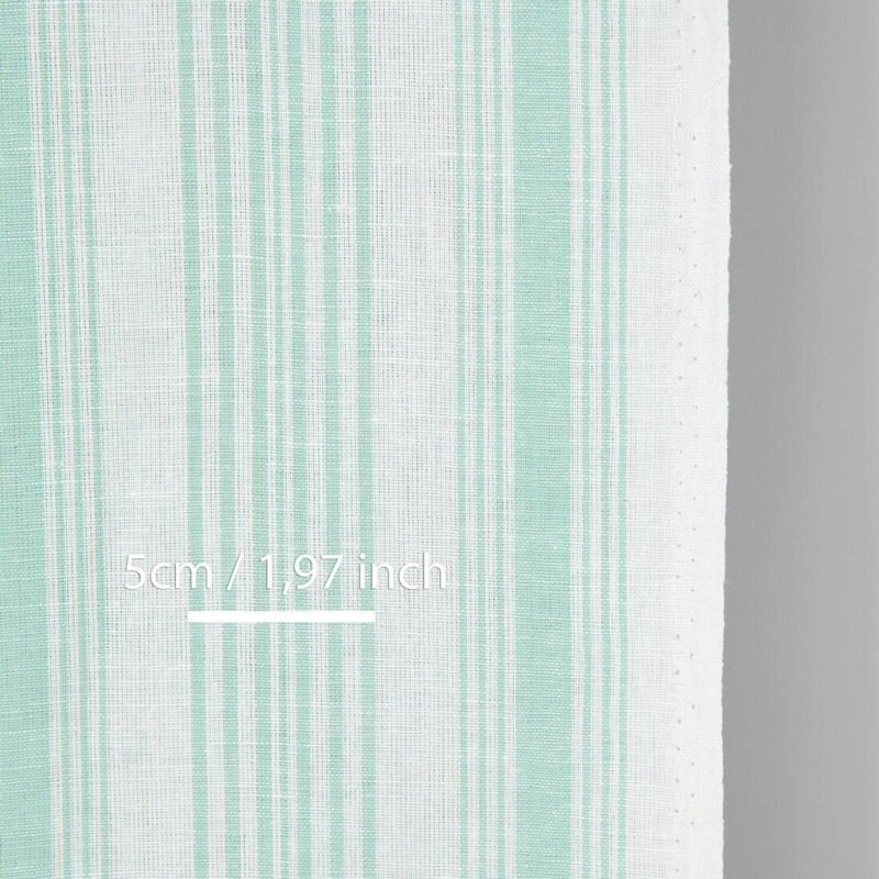 Narrow linen cotton fabric white with mint green stripes, with measurements