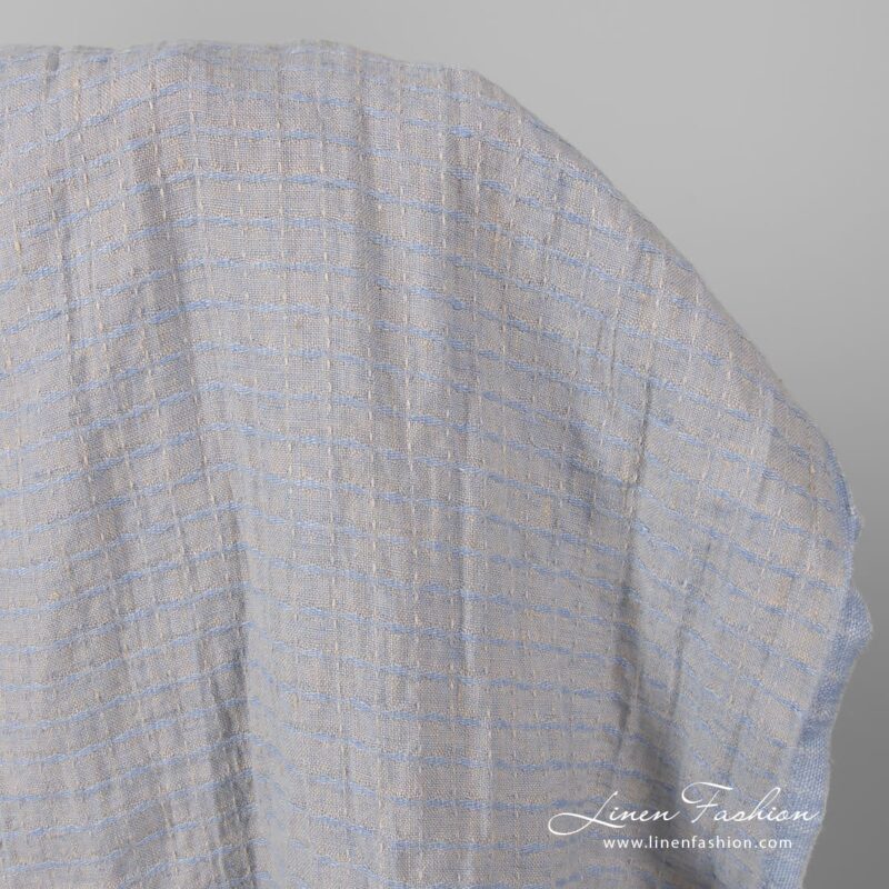 Pure linen patterned ash grey and blue fabric, washed