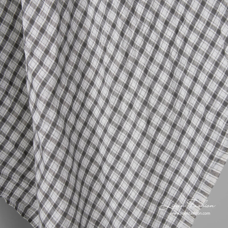 Washed light grey and dark grey check linen fabric