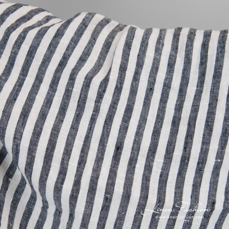 100% linen fabric in navy stripes, washed.