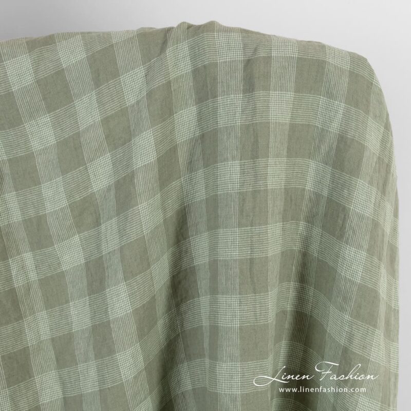 Linen fabric in green checks, washed