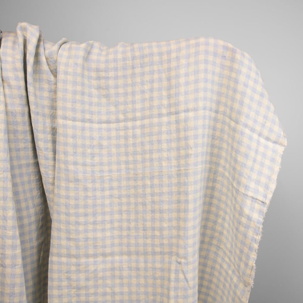 linen washed fabric blue cream checks