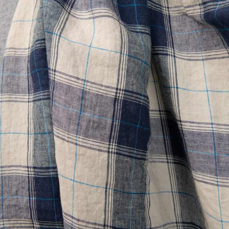 linen washed fabric in blue checks for garments