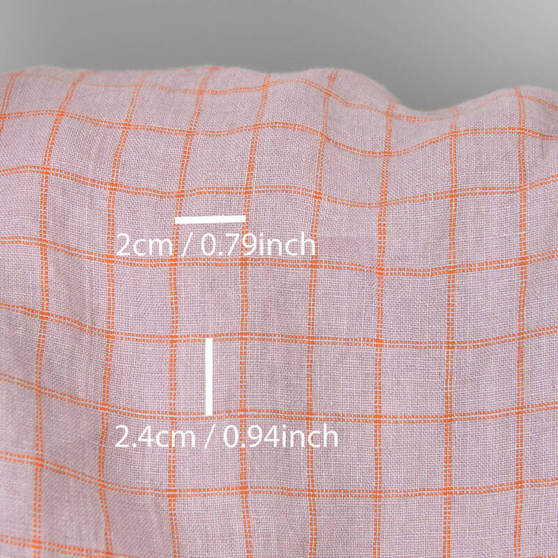 Washed linen fabric lilac with orange checks, with measurements