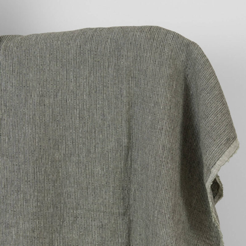 Washed linen fabric green-black small striped pattern