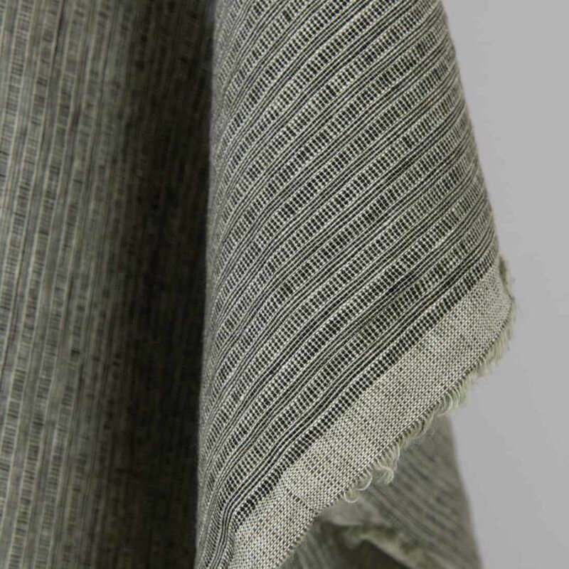 Washed linen fabric green-black small striped pattern, soft to touch