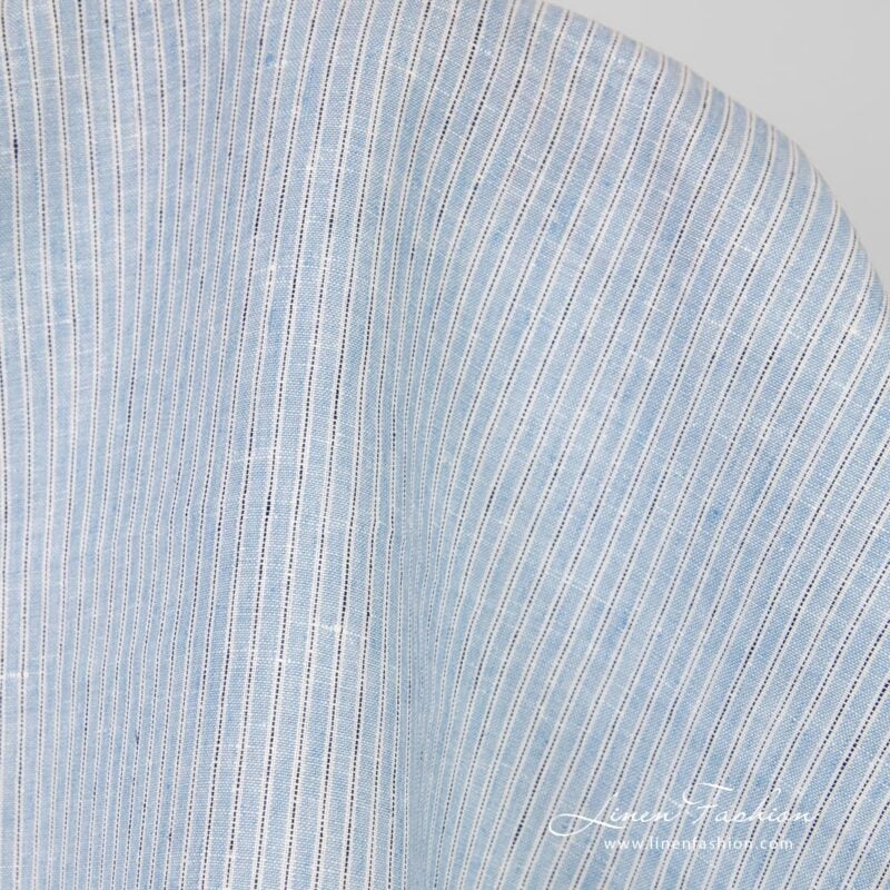 Blue linen fabric in vertical stripes, high quality