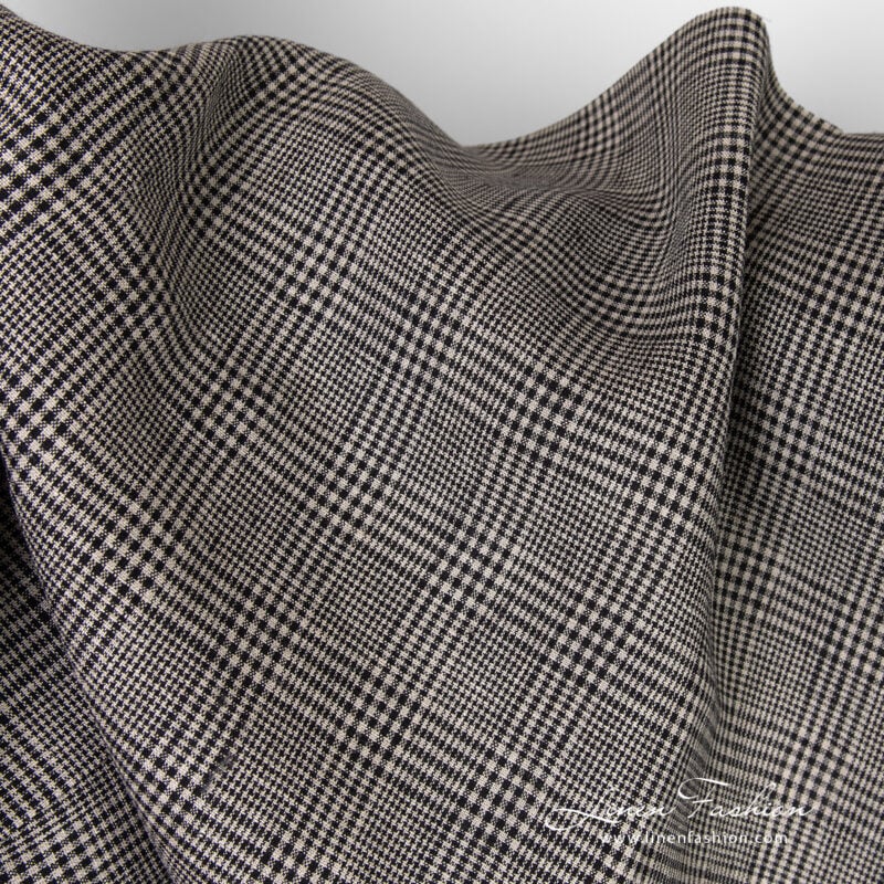 Linen fabric in black and greyish checks for clothes and home textile