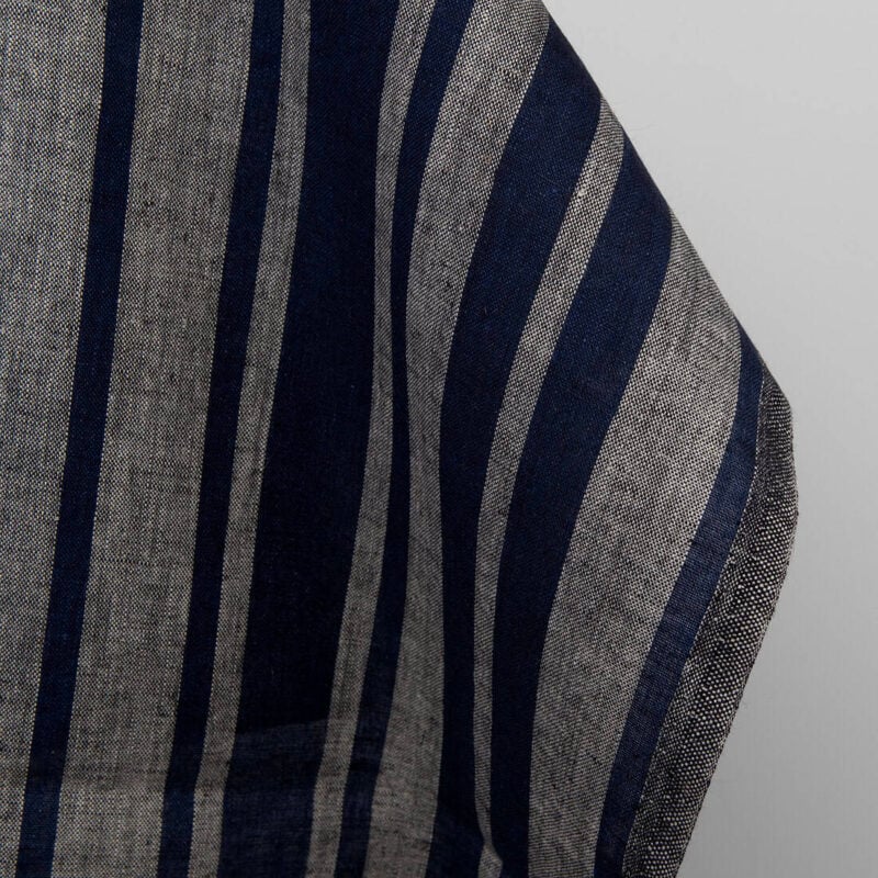 Linen fabric in blue and natural stripes, plain weave