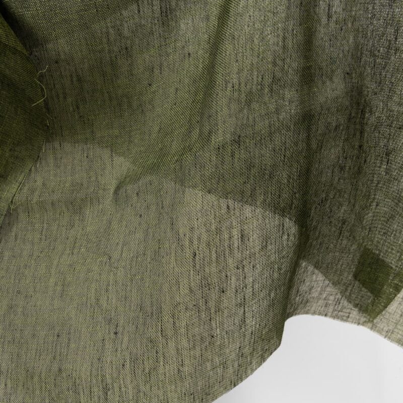 Linen fabric dark moss green colour transparent edge view