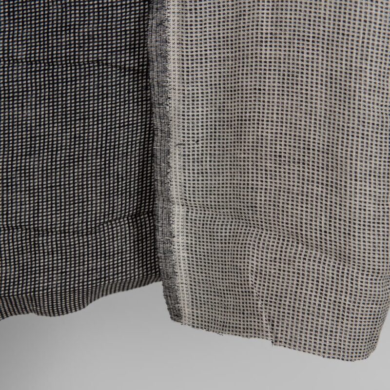 Linen black checked double sided fabric washed close up detail