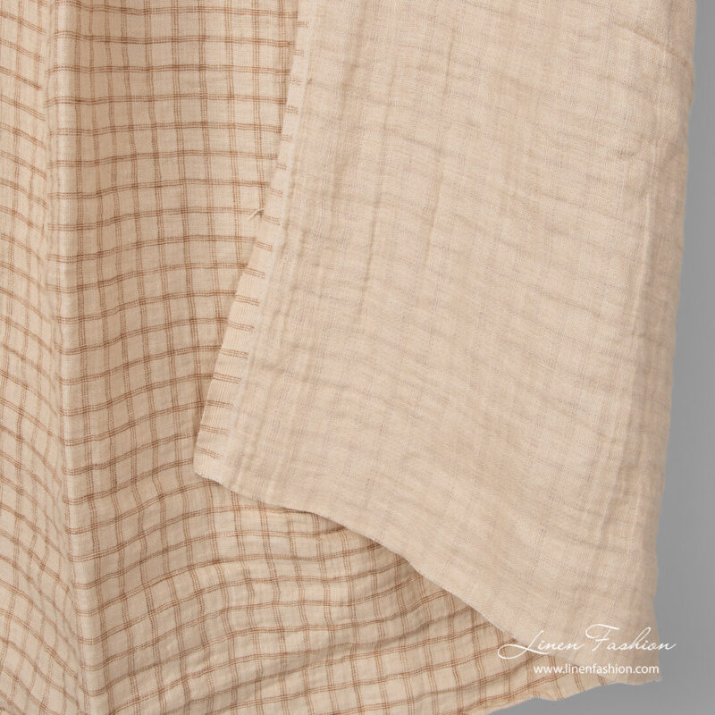 Washed double sided linen fabric with brown checks