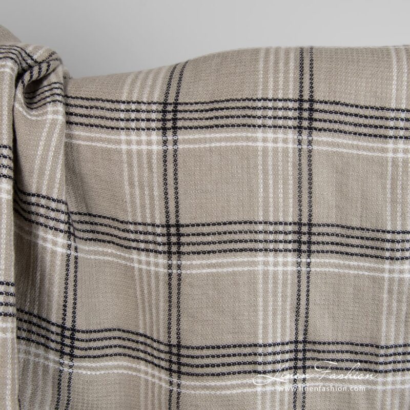 Grey brown linen fabric in checks, perfect for towels, bathrobes and bedding sets
