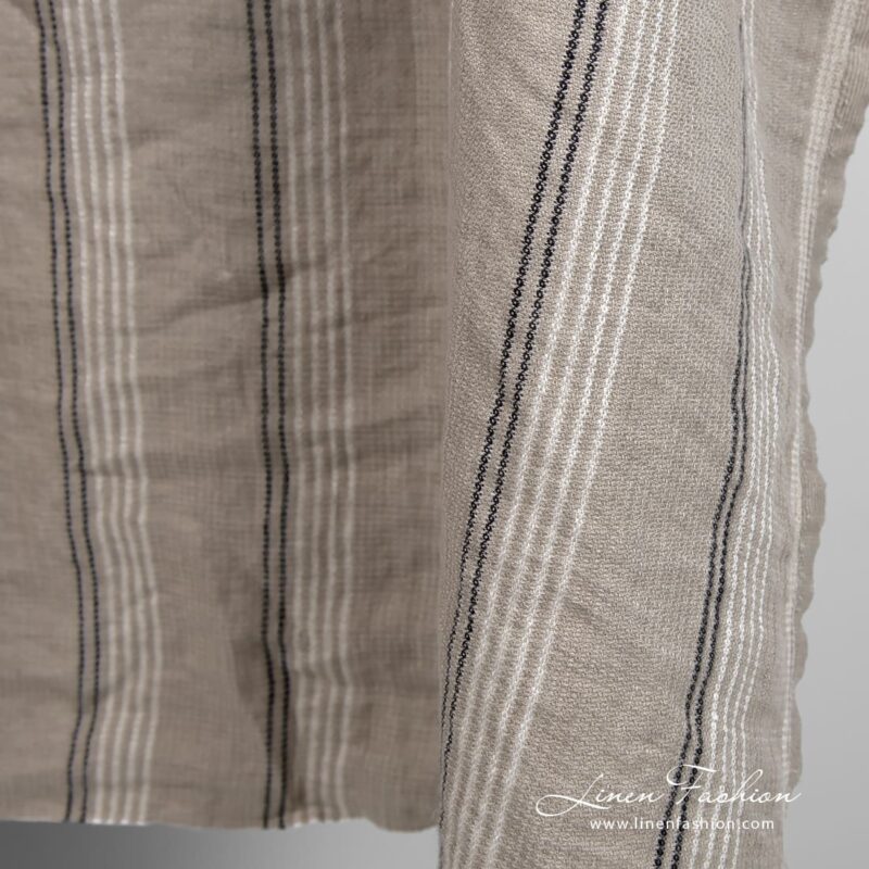 Grey brown linen fabric in stripes, perfect for towels, bathrobes and bedding sets