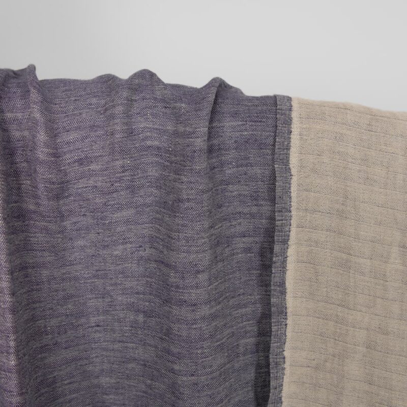 Washed linen fabric cobalt blue and beige double-sided, herringbone