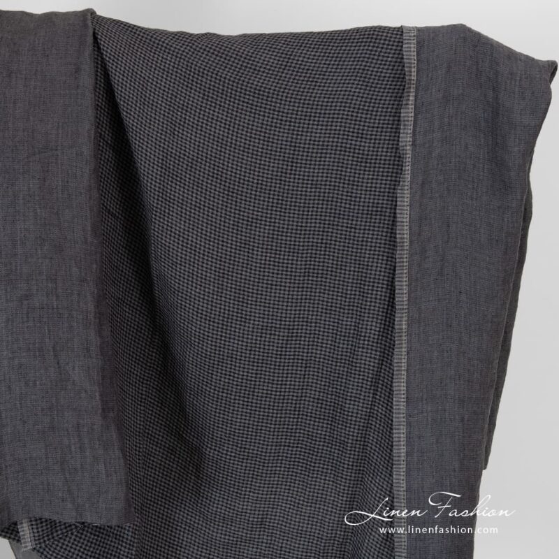 Grey checked double sided linen fabric, washed.