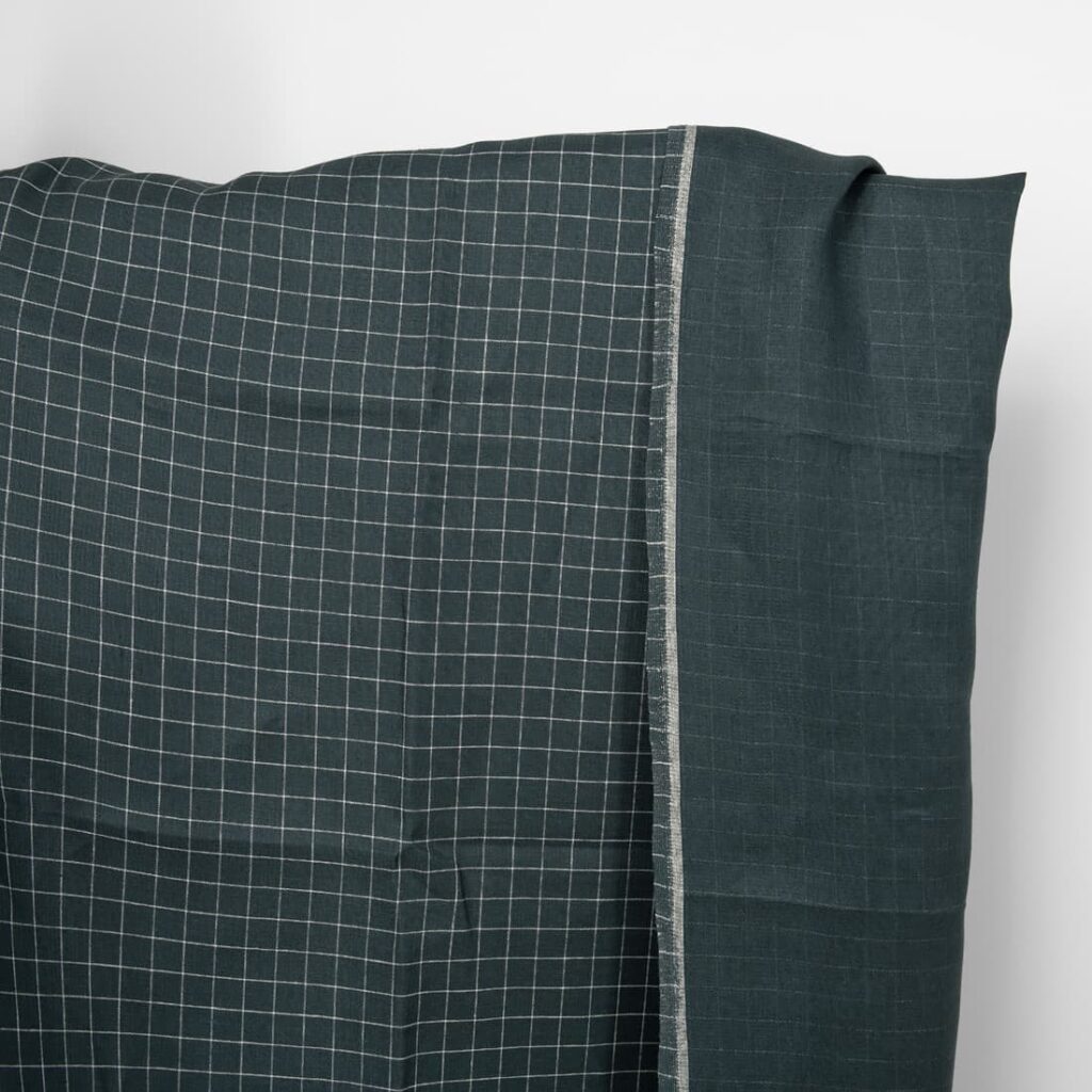 Linen fabric double-sided dark blue with grey checks