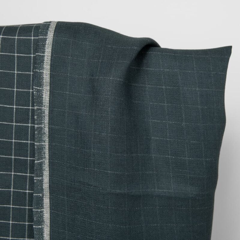 Linen fabric double-sided dark blue with grey checks darker side